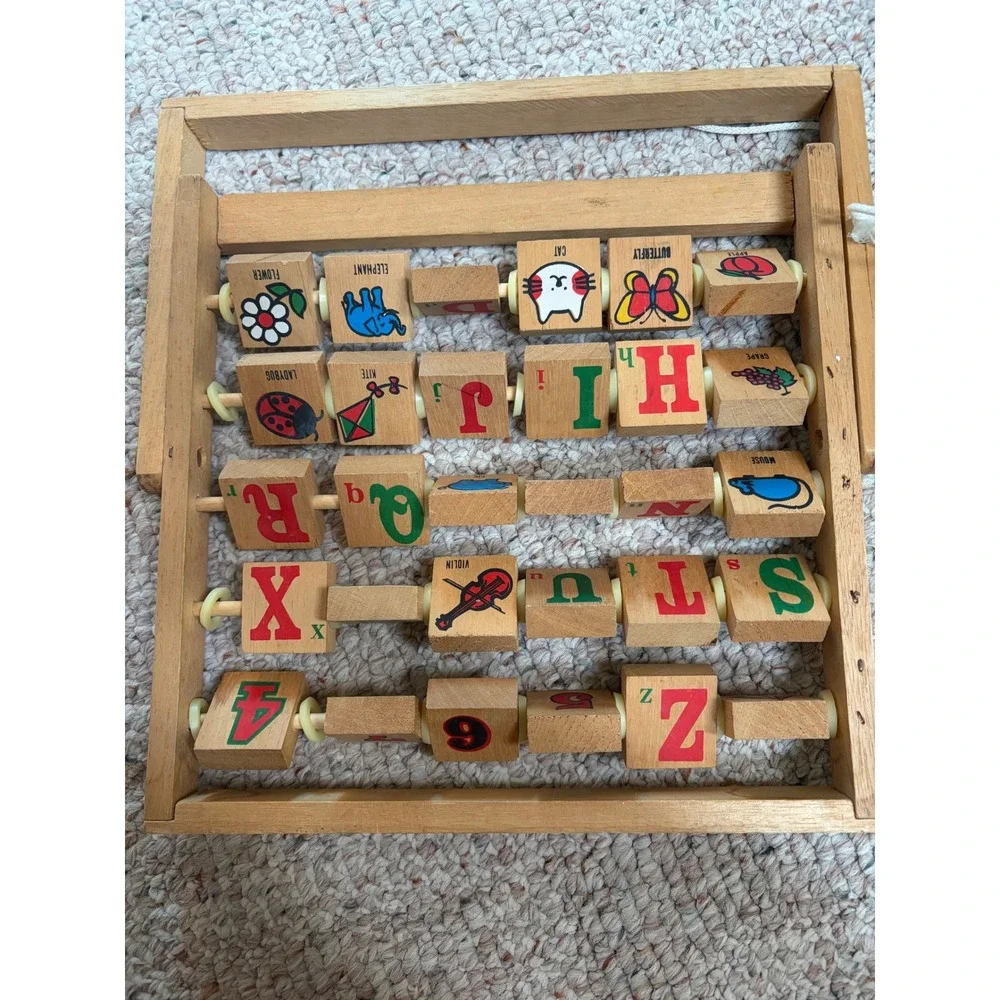 Vintage Wooden Alphabet Abacus Learning Toy Letters Numbers Blocks